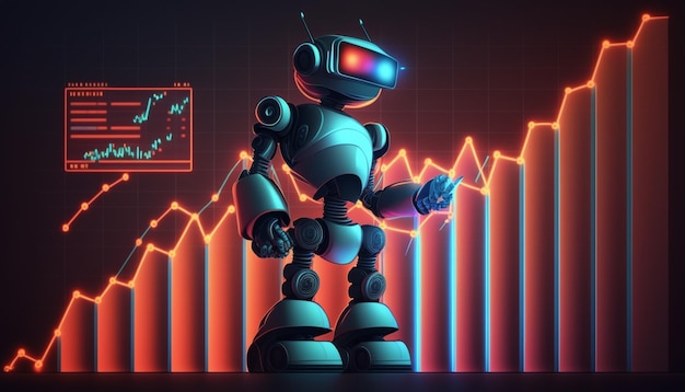 Foto un robot con fondo rojo y negro y un gráfico que muestra el crecimiento del mercado de valores.