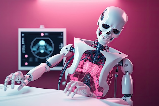 Robot con fondo rosa futurista que realiza la operación en el paciente