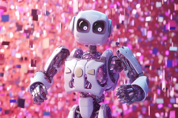 Un robot con un fondo rosa y puntos morados en el fondo.