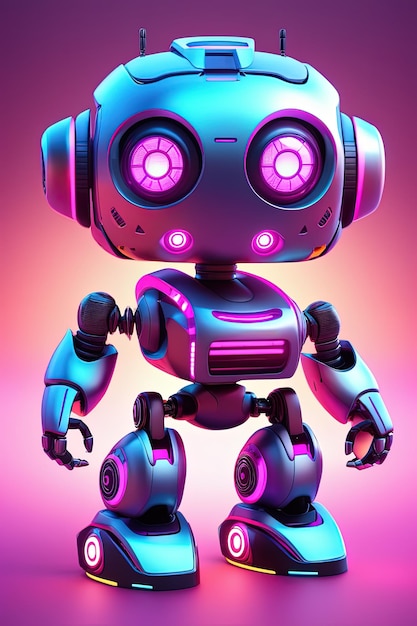 un robot con un fondo violeta y luces violetas