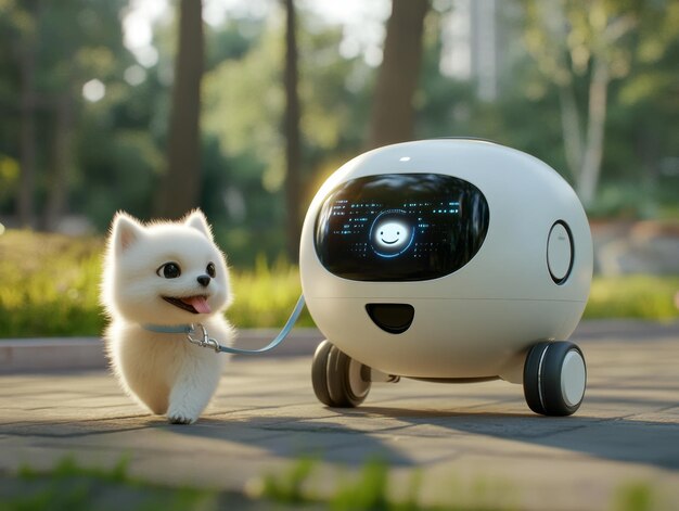 Un robot de forma redonda caminando con un bebé pomerano blanco de baja resolución