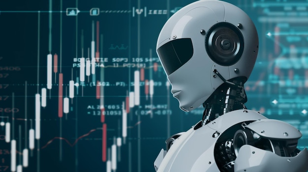Robot frente a los datos del mercado de valores en una pantalla