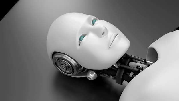 Robot futurista acostado en la cama, inteligencia artificial CGI sobre fondo negro