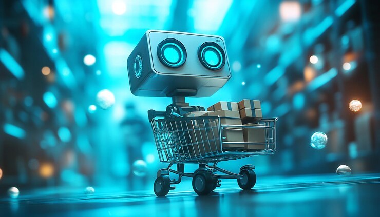 Foto robot futurista de compras con un carrito en un entorno de ciencia ficción caprichoso