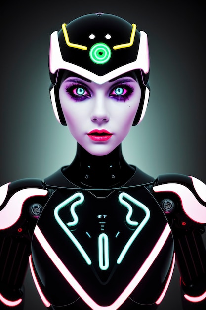 robot futurista con detalles de neón y ojos brillantes
