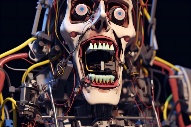 Robot futurista con dientes y cables eléctricos.