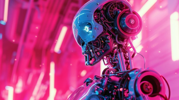 Un robot futurista se encuentra con confianza ante un telón de fondo rosado vibrante