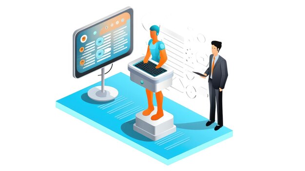 Un robot futurista está de pie en una plataforma mientras un hombre de negocios mira el robot está conectado a una gran pantalla que muestra datos e información