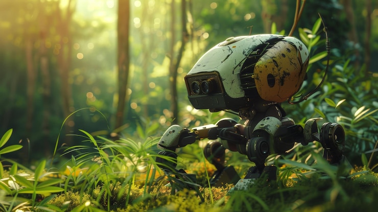 Foto robot futurista explorando la selva verde y exuberante