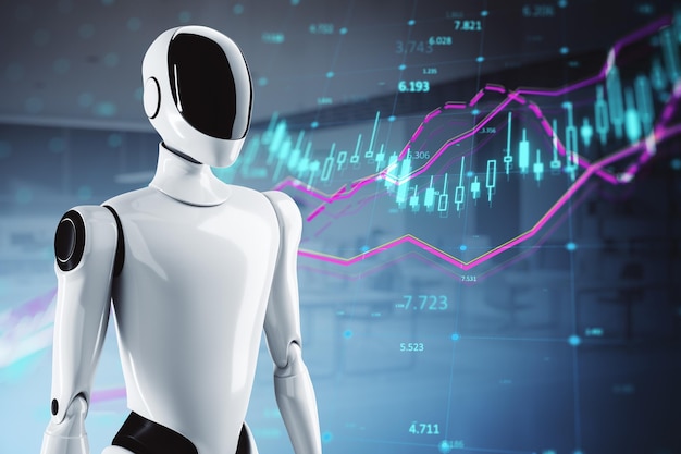 Robot futurista con gráficos de datos financieros en fondo digital que representan el concepto de análisis de mercado de fintech y AI 3D Rendering