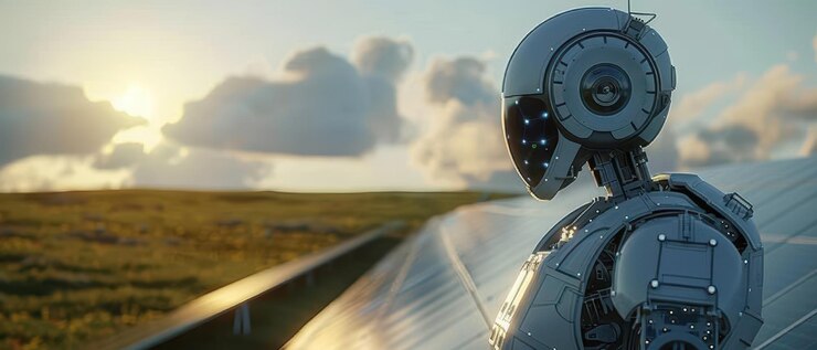 Un robot futurista inspeccionando paneles solares al amanecer que simboliza la tecnología avanzada