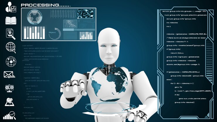 Foto robot futurista, inteligencia artificial, análisis y programación de big data cgi
