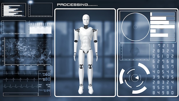 Robot futurista, inteligencia artificial, análisis y programación de big data CGI