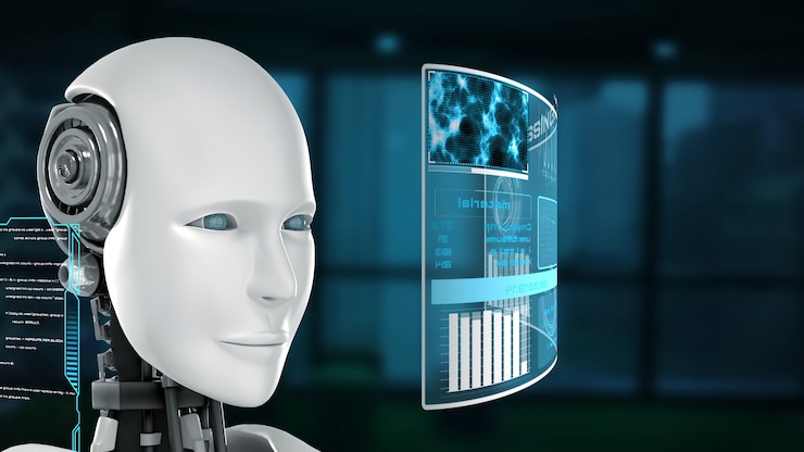 Foto robot futurista, inteligencia artificial, análisis y programación de big data cgi