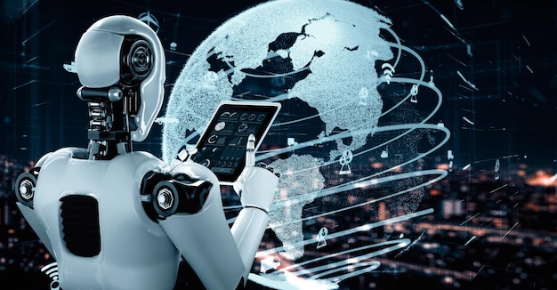 El robot futurista de inteligencia artificial, el humanoide, el analista de transporte.