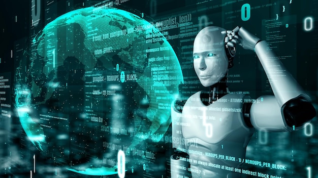 Robot futurista inteligencia artificial humanoide codificación de programación de IA