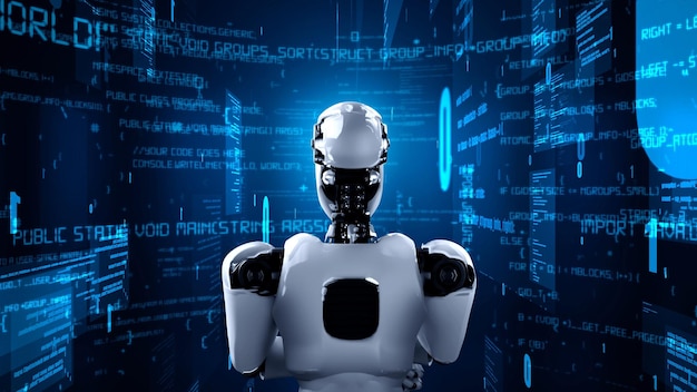 Robot futurista inteligencia artificial humanoide codificación de programación de IA