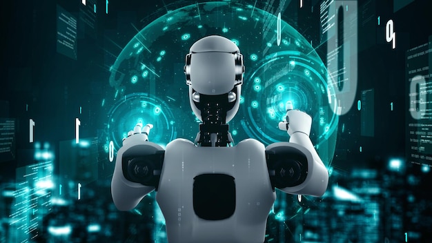 Robot futurista inteligencia artificial humanoide codificación de programación de IA