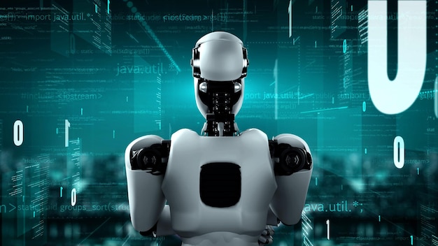 Robot futurista inteligencia artificial humanoide codificación de programación de IA