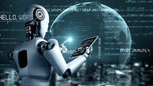 Robot futurista inteligencia artificial humanoide codificación de programación de IA