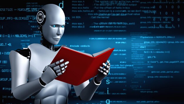 Robot futurista inteligencia artificial humanoide codificación de programación de IA