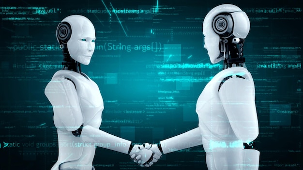 Robot futurista inteligencia artificial humanoide codificación de programación de IA
