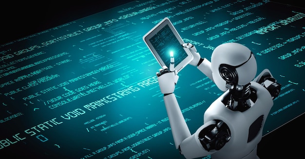 Robot futurista inteligencia artificial humanoide codificación de programación de IA