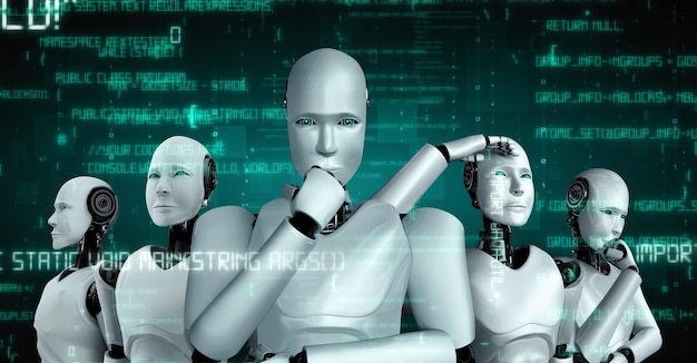 Robot futurista inteligencia artificial humanoide codificación de programación de IA