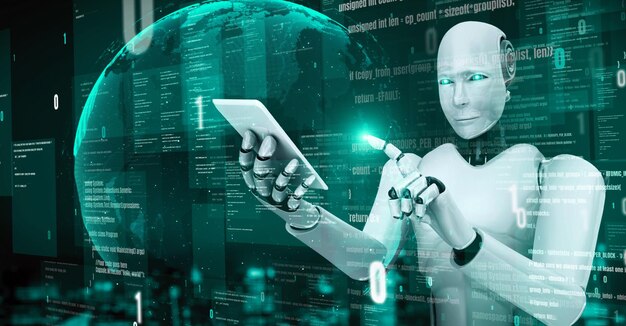 Robot futurista inteligencia artificial humanoide codificación de programación de IA