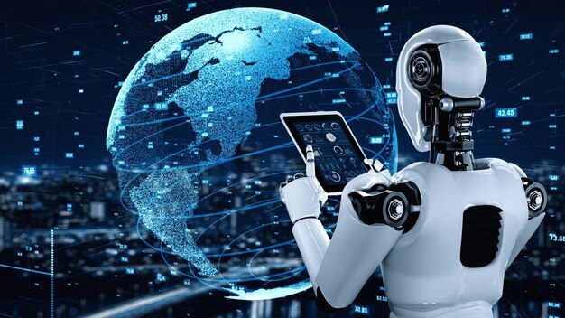 Robot futurista inteligencia artificial humanoide tecnología analítica de datos de IA