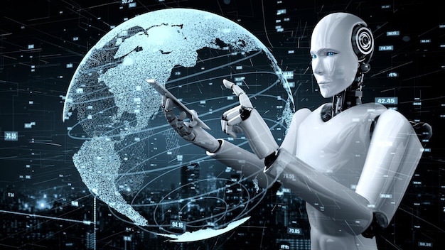 Robot futurista inteligencia artificial humanoide tecnología analítica de datos de IA
