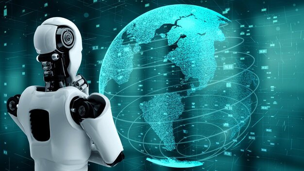 Robot futurista inteligencia artificial humanoide tecnología analítica de datos de IA