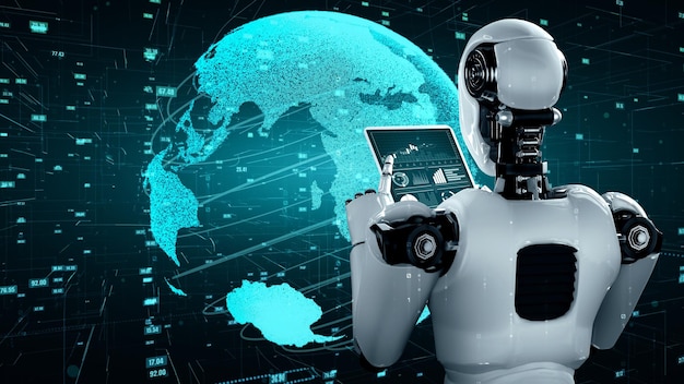 Robot futurista inteligencia artificial humanoide tecnología analítica de datos de IA