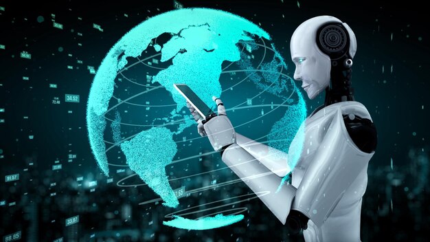 Robot futurista inteligencia artificial humanoide tecnología analítica de datos de IA