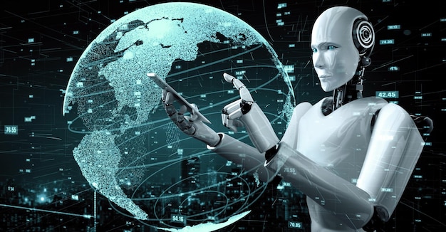 Robot futurista inteligencia artificial humanoide tecnología analítica de datos de IA
