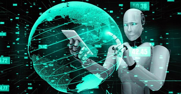 Robot futurista inteligencia artificial humanoide tecnología analítica de datos de IA