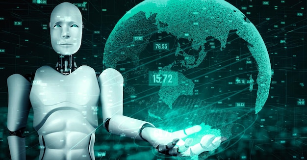 Robot futurista inteligencia artificial huminoid AI tecnología analítica de datos