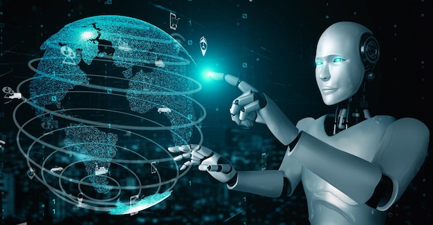 Robot futurista inteligencia artificial huminoide AI análisis de transporte