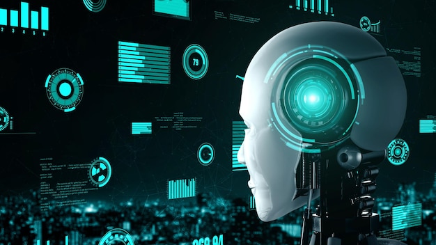 Robot futurista inteligencia artificial IA humanoide para fábrica industrial