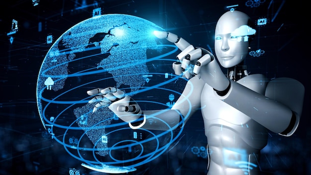 Robot futurista inteligencia artificial IA humanoide para fábrica industrial