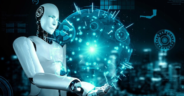 Robot futurista inteligencia artificial IA humanoide para fábrica industrial