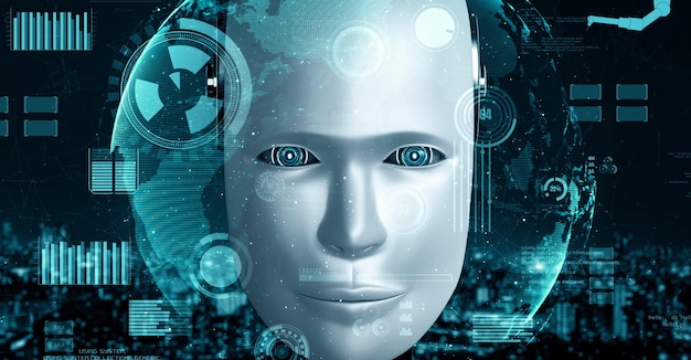 Robot futurista inteligencia artificial IA humanoide para fábrica industrial