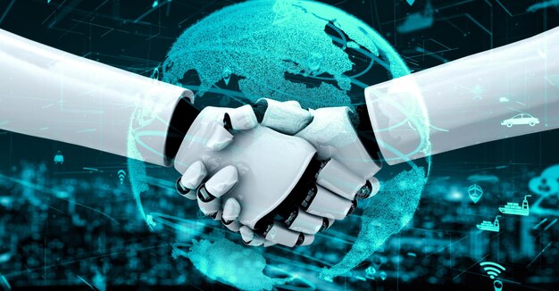 Robot futurista inteligencia artificial IA humanoide para fábrica industrial