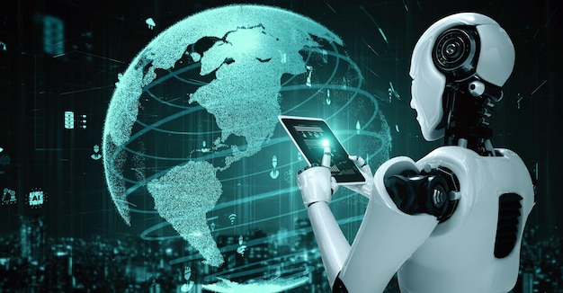 Robot futurista inteligencia artificial IA humanoide para fábrica industrial