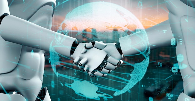 Robot futurista inteligencia artificial IA humanoide para fábrica industrial