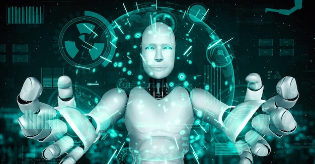 Robot futurista inteligencia artificial IA humanoide para fábrica industrial