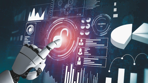Robot futurista inteligencia artificial revolucionario desarrollo de tecnología AI y concepto de aprendizaje automático Investigación científica biónica robótica global para el futuro de la vida humana Gráfico de representación 3D