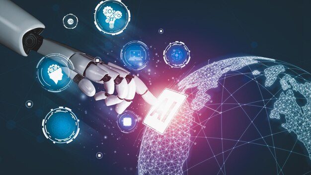 Robot futurista inteligencia artificial revolucionario desarrollo de tecnología AI y concepto de aprendizaje automático Investigación científica biónica robótica global para el futuro de la vida humana Gráfico de representación 3D