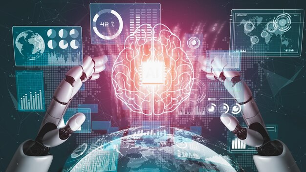 Robot futurista inteligencia artificial revolucionario desarrollo de tecnología AI y concepto de aprendizaje automático Investigación científica biónica robótica global para el futuro de la vida humana Gráfico de representación 3D