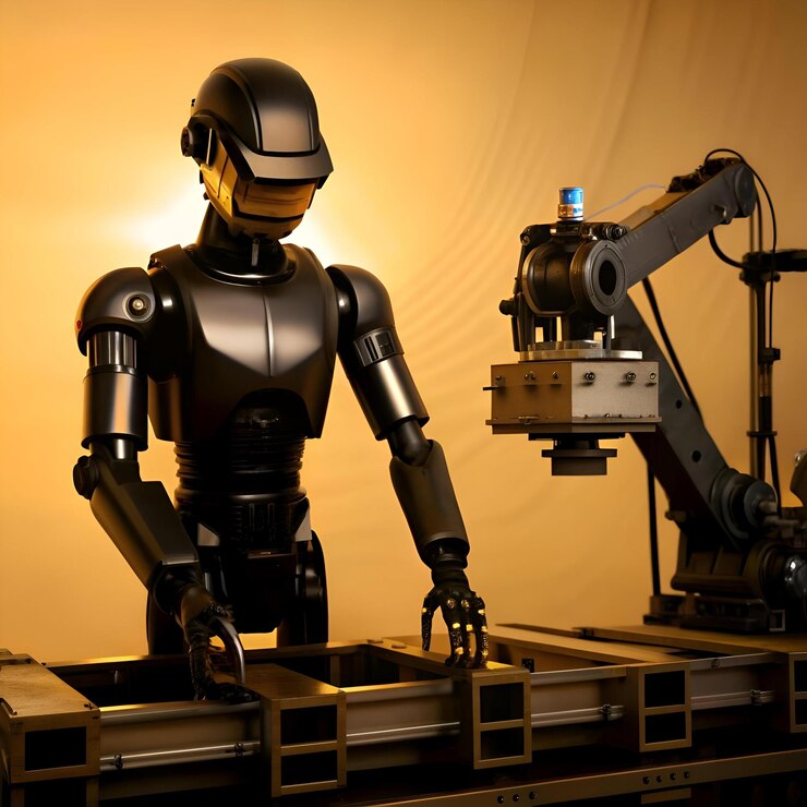 Foto un robot futurista opera una gran máquina industrial que muestra el poder y la precisión de la tecnología avanzada